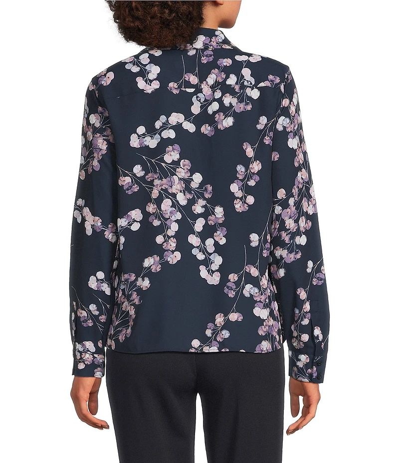 Calvin Klein Printed Georgette Point Collar Long Sleeve Ruffle Button Front Top