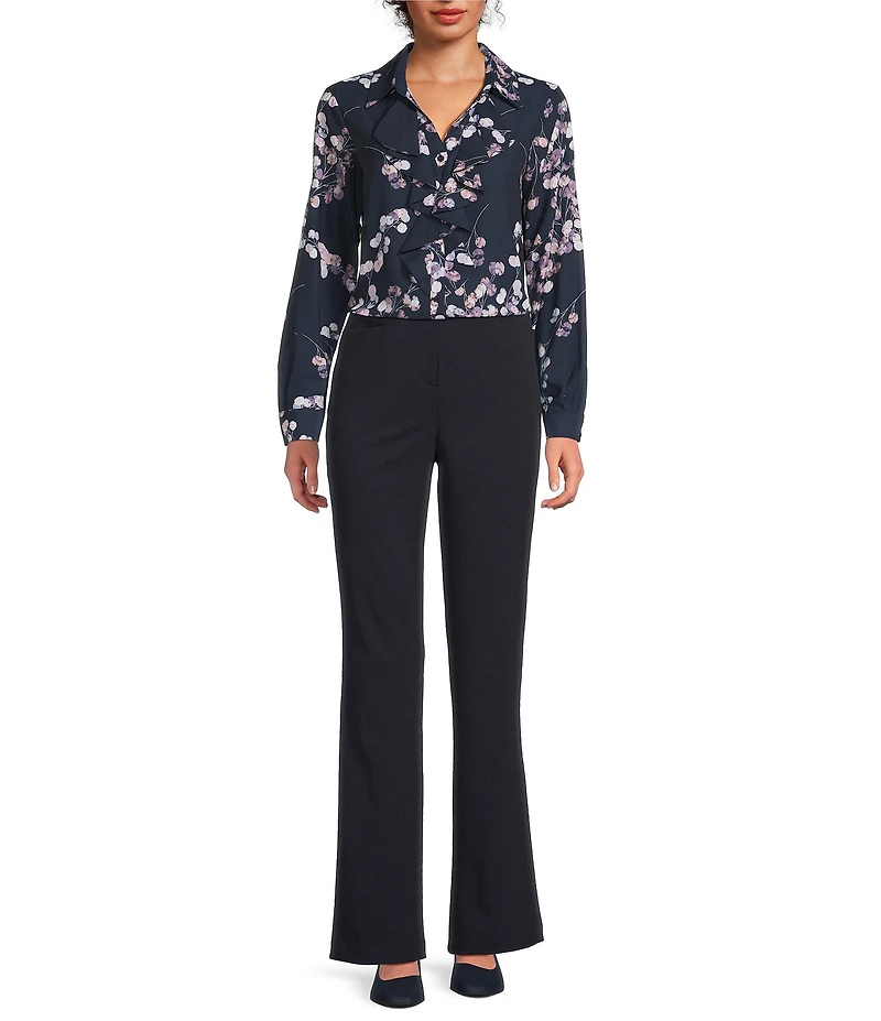 Calvin Klein Printed Georgette Point Collar Long Sleeve Ruffle Button Front Top