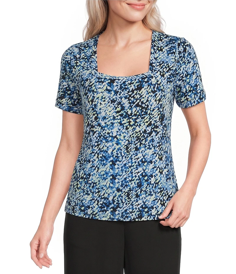 Calvin Klein Printed Knit Jersey Square Neck Short Sleeve Top