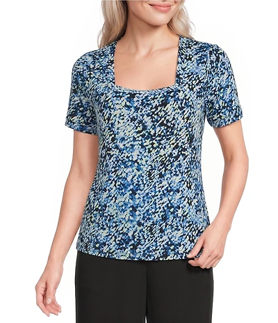 Calvin Klein Printed Knit Jersey Square Neck Short Sleeve Top