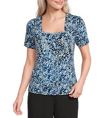 Calvin Klein Printed Knit Jersey Square Neck Short Sleeve Top