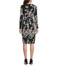 Calvin Klein Floral Print Matte Jersey Crew Neck Long Sleeve Sheath Dress
