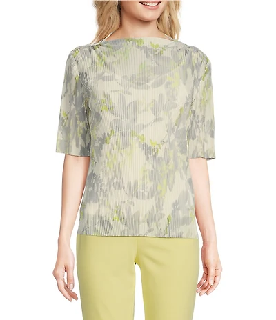 Calvin Klein Printed Mesh Knit Crew Neck Short Sleeve Pleated Blouse