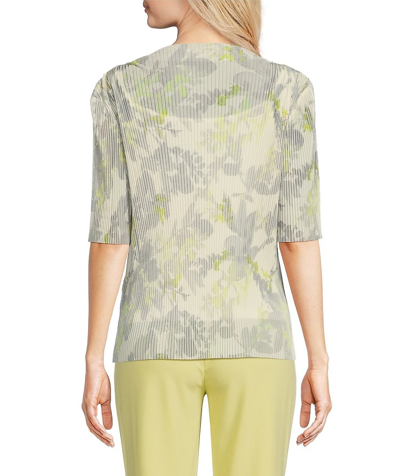 Calvin Klein Printed Mesh Knit Crew Neck Short Sleeve Pleated Blouse
