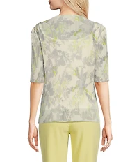 Calvin Klein Printed Mesh Knit Crew Neck Short Sleeve Pleated Blouse