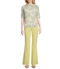 Calvin Klein Printed Mesh Knit Crew Neck Short Sleeve Pleated Blouse