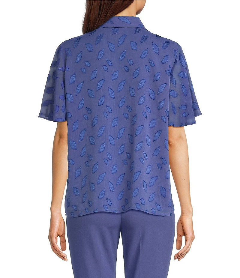 Calvin Klein Printed Novelty Point Collar Flutter Sleeve Button Front Blouse
