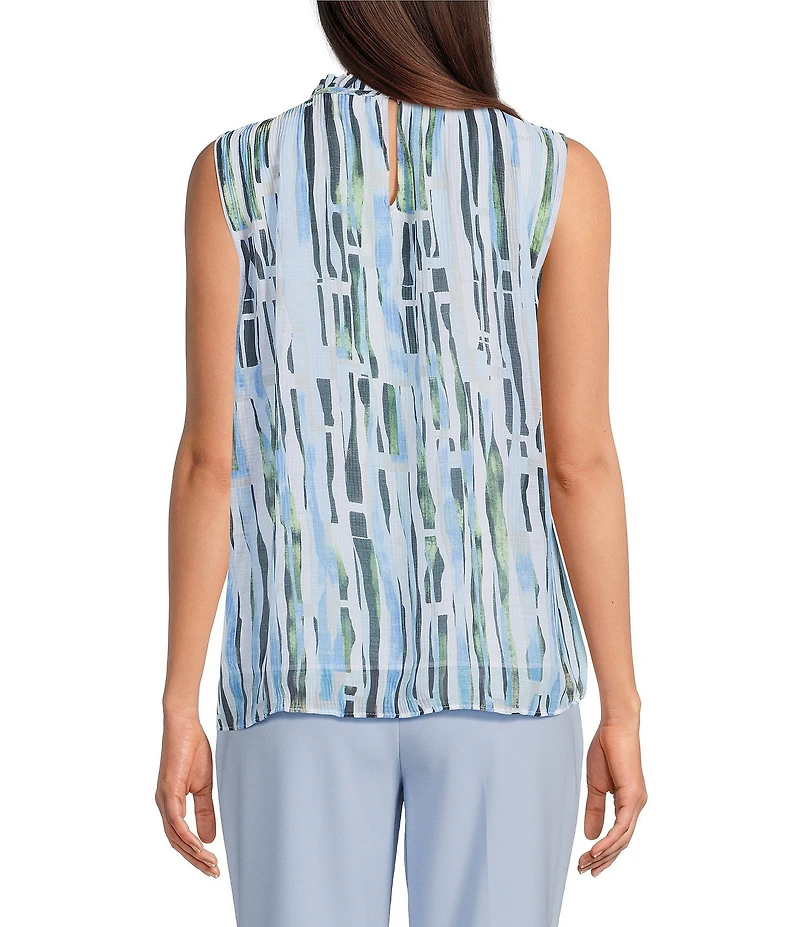 Calvin Klein Printed Novelty Textured Ruffle Mock Neck Sleeveless Top