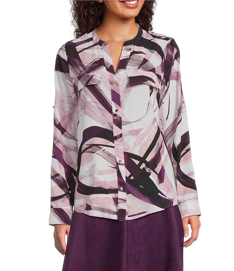 Calvin Klein Printed Split Neck Roll Tab Sleeve Button Front Blouse