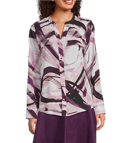 Calvin Klein Printed Split Neck Roll Tab Sleeve Button Front Blouse