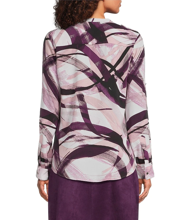 Calvin Klein Printed Split Neck Roll Tab Sleeve Button Front Blouse