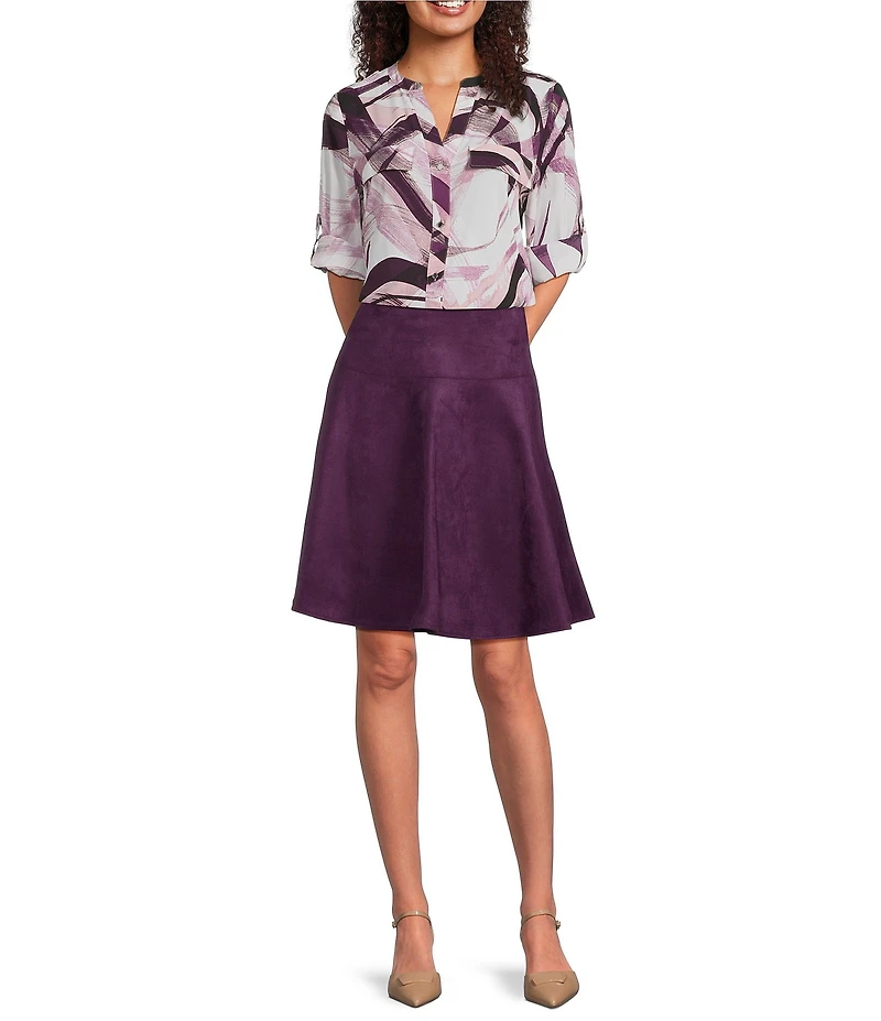 Calvin Klein Printed Split Neck Roll Tab Sleeve Button Front Blouse