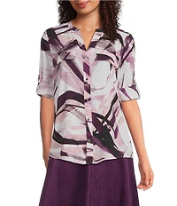 Calvin Klein Printed Split Neck Roll Tab Sleeve Button Front Blouse