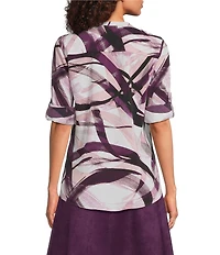 Calvin Klein Printed Split Neck Roll Tab Sleeve Button Front Blouse