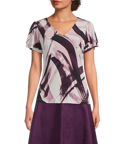 Calvin Klein Printed V-Neck Short Flutter Sleeve Top