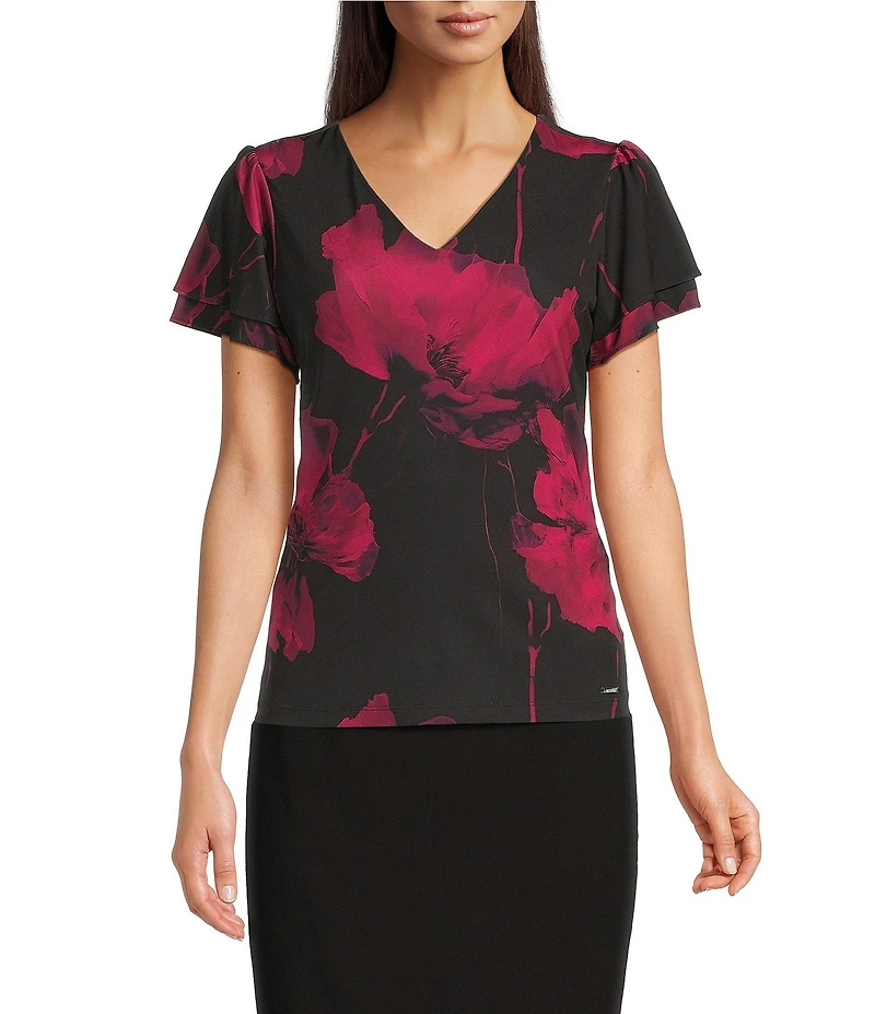 Calvin Klein Printed V-Neck Short Flutter Sleeve Top