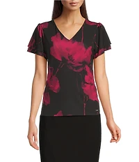 Calvin Klein Printed V-Neck Short Flutter Sleeve Top