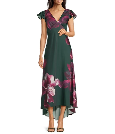 Calvin Klein Satin V-Neck Ruffle Short Sleeve Floral Print Maxi Dress
