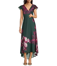 Calvin Klein Satin V-Neck Ruffle Short Sleeve Floral Print Maxi Dress