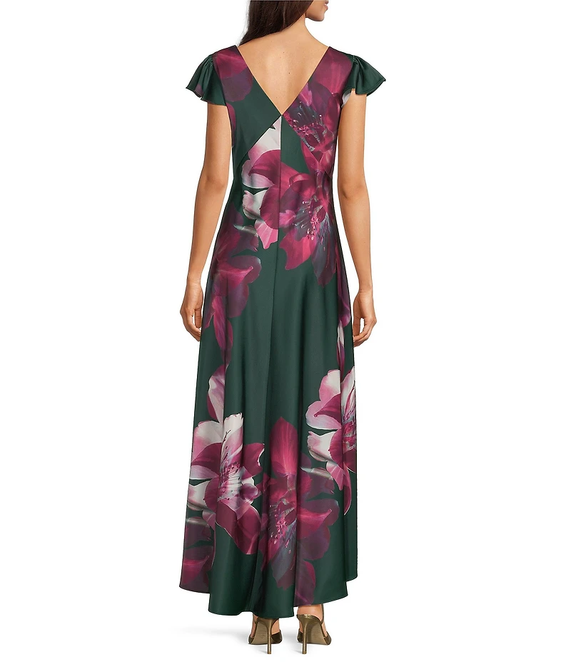 Calvin Klein Satin V-Neck Ruffle Short Sleeve Floral Print Maxi Dress