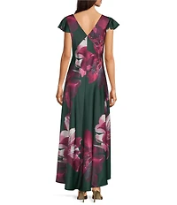 Calvin Klein Satin V-Neck Ruffle Short Sleeve Floral Print Maxi Dress