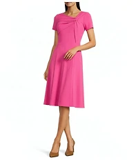Calvin Klein Scuba Crepe Asymmetrical Neck Twist Knot Short Sleeve Dress