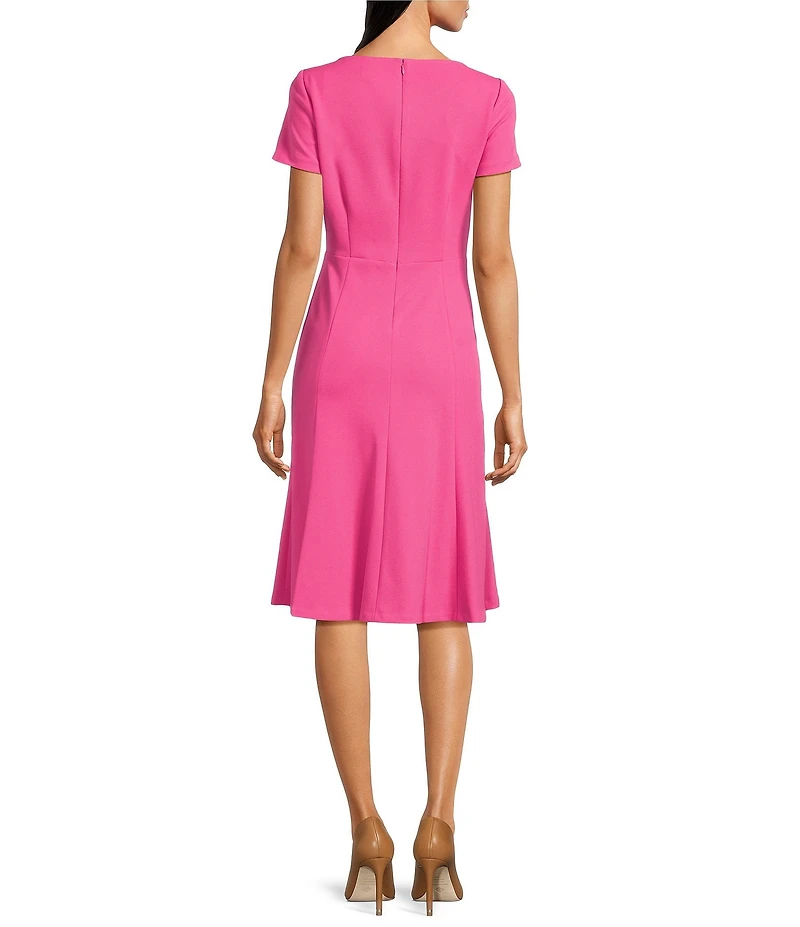 Calvin Klein Scuba Crepe Asymmetrical Neck Twist Knot Short Sleeve Dress