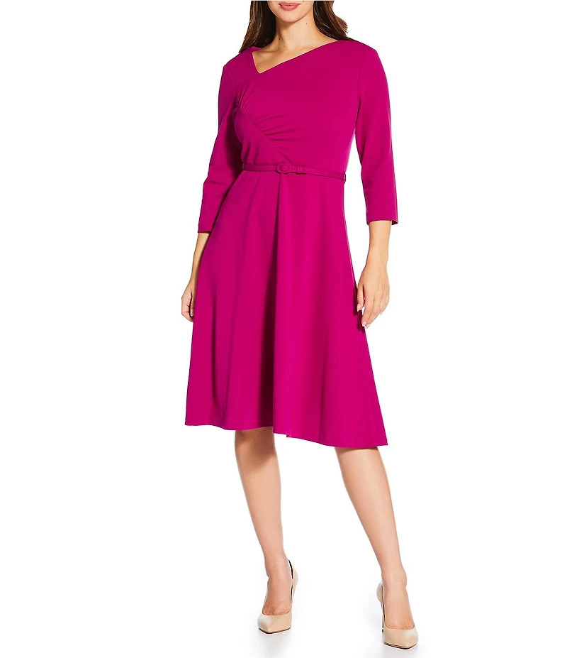 Calvin Klein Scuba Crepe Asymmetrical Neckline 3/4 Sleeve Dress