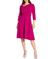 Calvin Klein Scuba Crepe Asymmetrical Neckline 3/4 Sleeve Dress