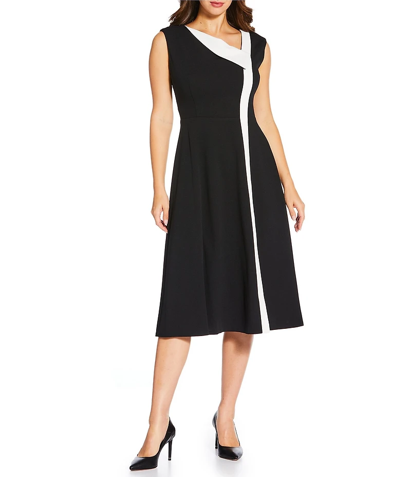 Calvin Klein Scuba Crepe Asymmetrical Neckline Cap Sleeve Midi Dress