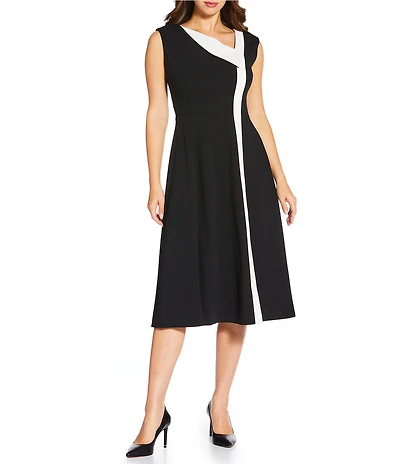 Calvin Klein Scuba Crepe Asymmetrical Neckline Cap Sleeve Midi Dress
