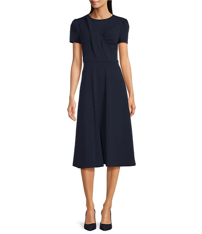 Calvin Klein Scuba Crepe Crew Neck Short Sleeve Ruched Dress