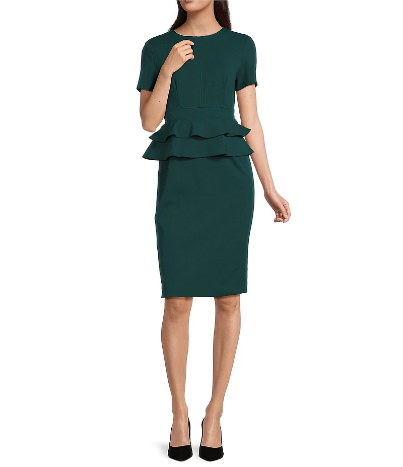 Calvin Klein Scuba Crepe Double Ruffle Waist Short Sleeve Sheath Dress