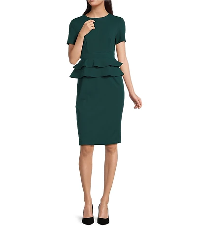 Calvin Klein Scuba Crepe Double Ruffle Waist Short Sleeve Sheath Dress