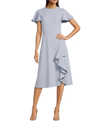 Calvin Klein Scuba Crepe Round Neck Short Flutter Sleeve Midi Dress