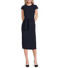 Calvin Klein Scuba Crepe Round Neck Sleeveless Belted Sheath Dress