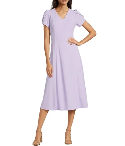 Calvin Klein Scuba Crepe Short Tulip Sleeve V-Neck A-Line Midi Dress