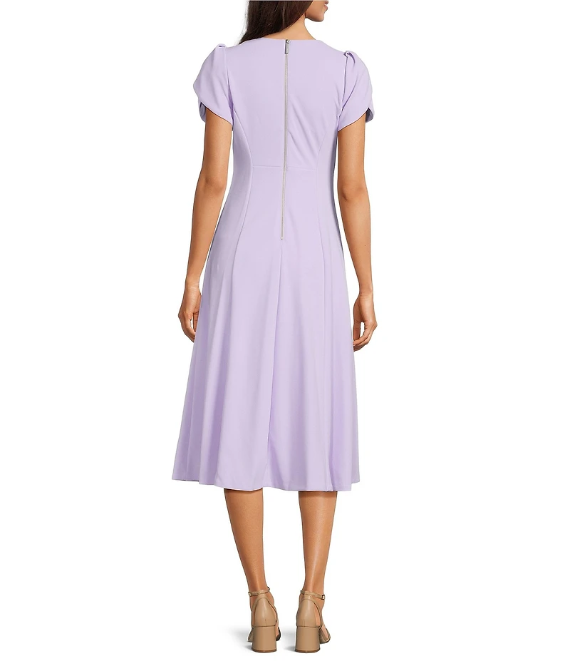 Calvin Klein Scuba Crepe Short Tulip Sleeve V-Neck A-Line Midi Dress