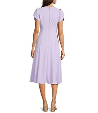 Calvin Klein Scuba Crepe Short Tulip Sleeve V-Neck A-Line Midi Dress