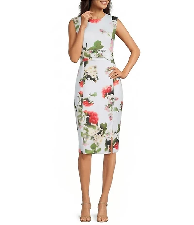 Calvin Klein Scuba Crepe Sleeveless Floral Print Midi Dress