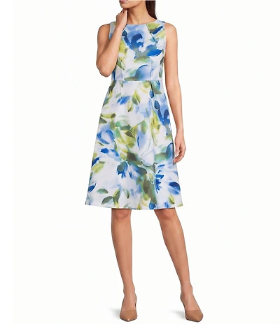 Calvin Klein Scuba Floral Print Boat Neck Fit And Flare Dress