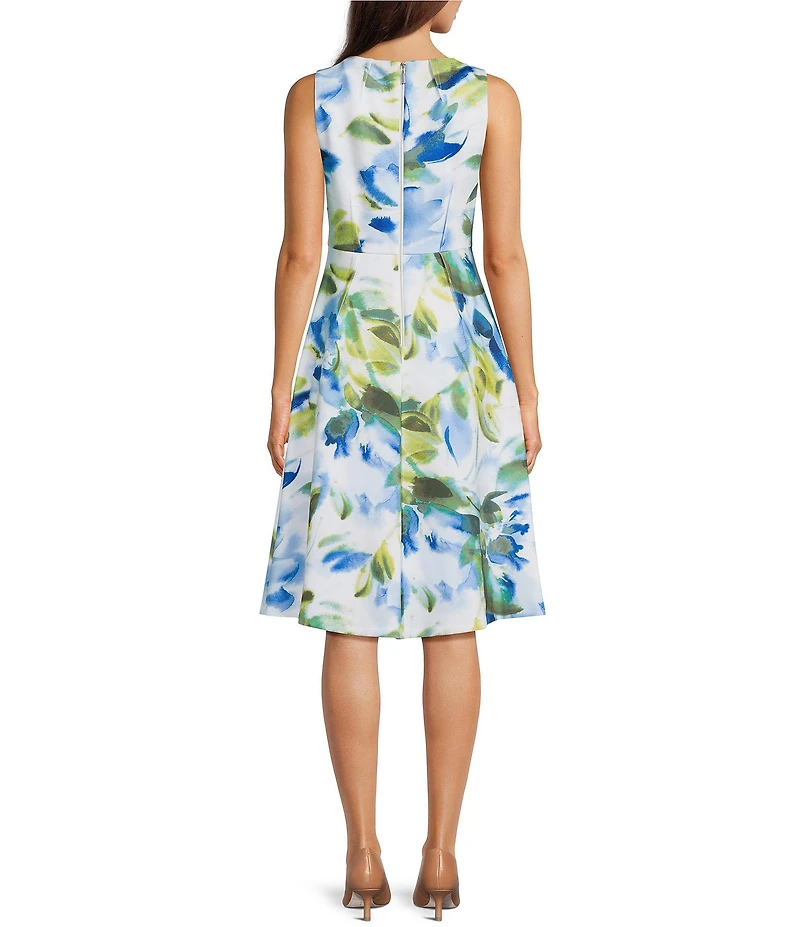 Calvin Klein Scuba Floral Print Boat Neck Fit And Flare Dress