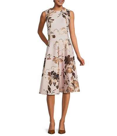 Calvin Klein Scuba Floral Print Crew Neck Sleeveless Dress