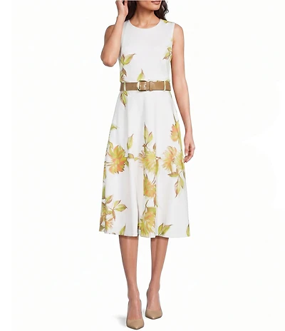 Calvin Klein Scuba Floral Print Sleeveless Belted Midi Dress