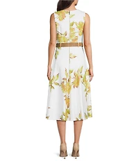 Calvin Klein Scuba Floral Print Sleeveless Belted Midi Dress