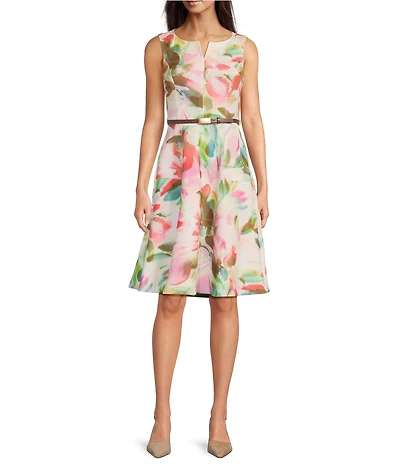 Calvin Klein Scuba Split V Neck Sleeveless Belted Floral Sheath Dress