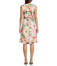 Calvin Klein Scuba Split V Neck Sleeveless Belted Floral Sheath Dress