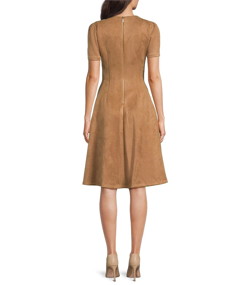 Calvin Klein Scuba Suede Crew Neck Short Sleeve Flared Skirt Dress