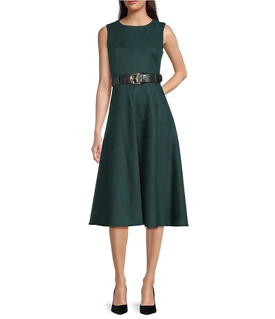 Calvin Klein Scuba Suede Crew Neck Sleeveless A-Line Belted Midi Dress