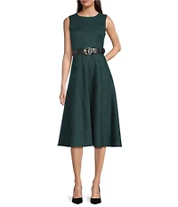 Calvin Klein Scuba Suede Crew Neck Sleeveless A-Line Belted Midi Dress